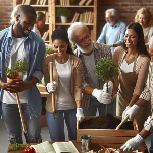 "Diverse group volunteering together"