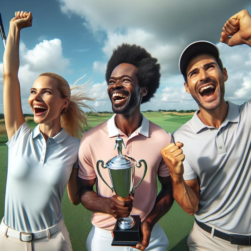 Golfers celebrating victory outdoors.