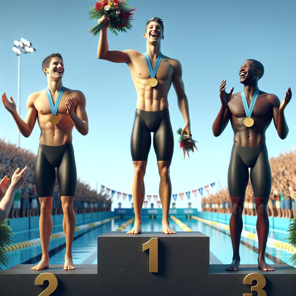 Swimmers on podium celebration.