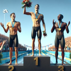 Swimmers on podium celebration.