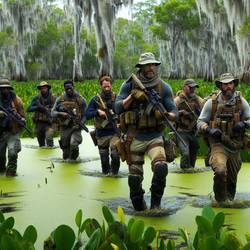 Manhunt in swamp marsh.