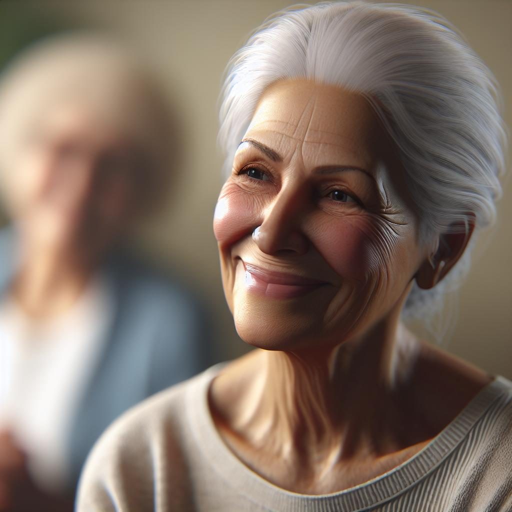 Elderly woman smiling, listening.