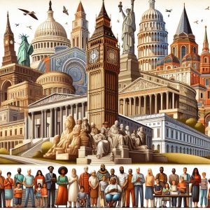 Historic landmarks collage illustration.