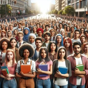 Youth marching with books.