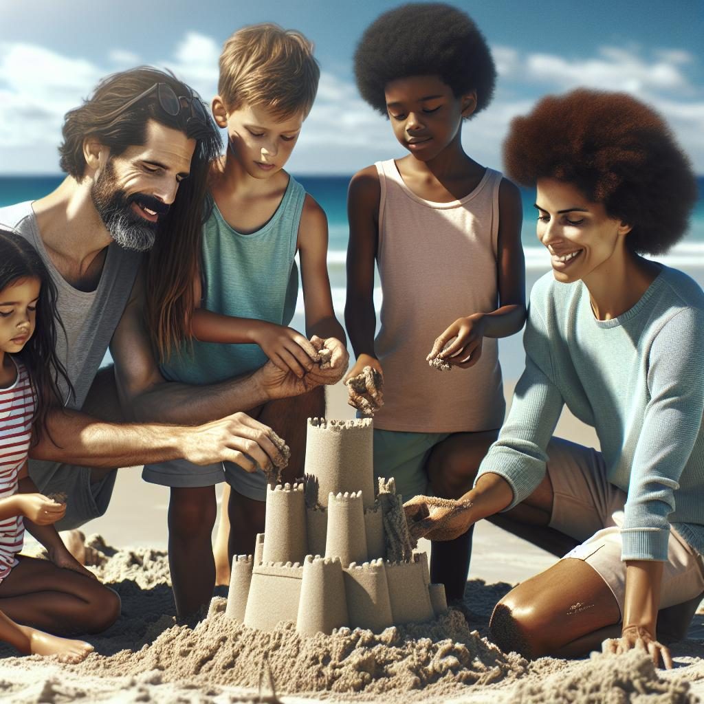 Family building sandcastle together.