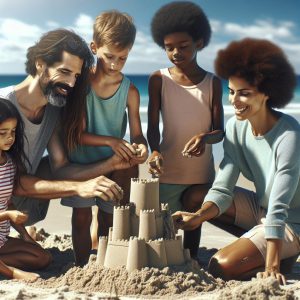 Family building sandcastle together.