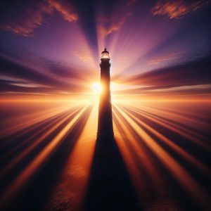 "Lighthouse at sunset."