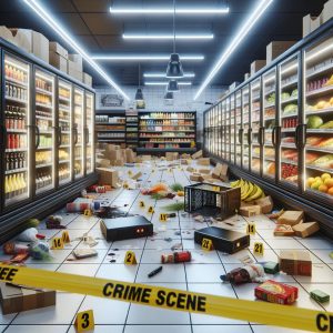 Supermarket crime scene aftermath.