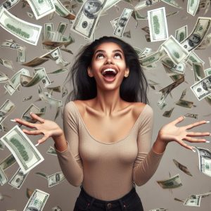 Excited woman with money.