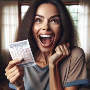 Euphoric woman holding lottery ticket.