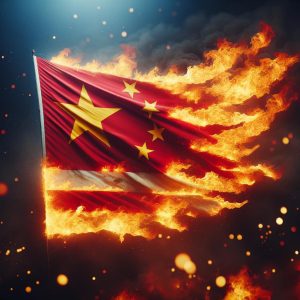 China flag in flames.