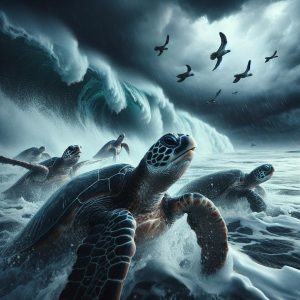 Sea turtles facing storm