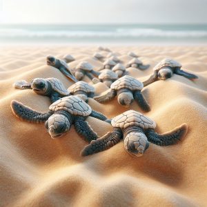 Turtle hatchlings on beach.