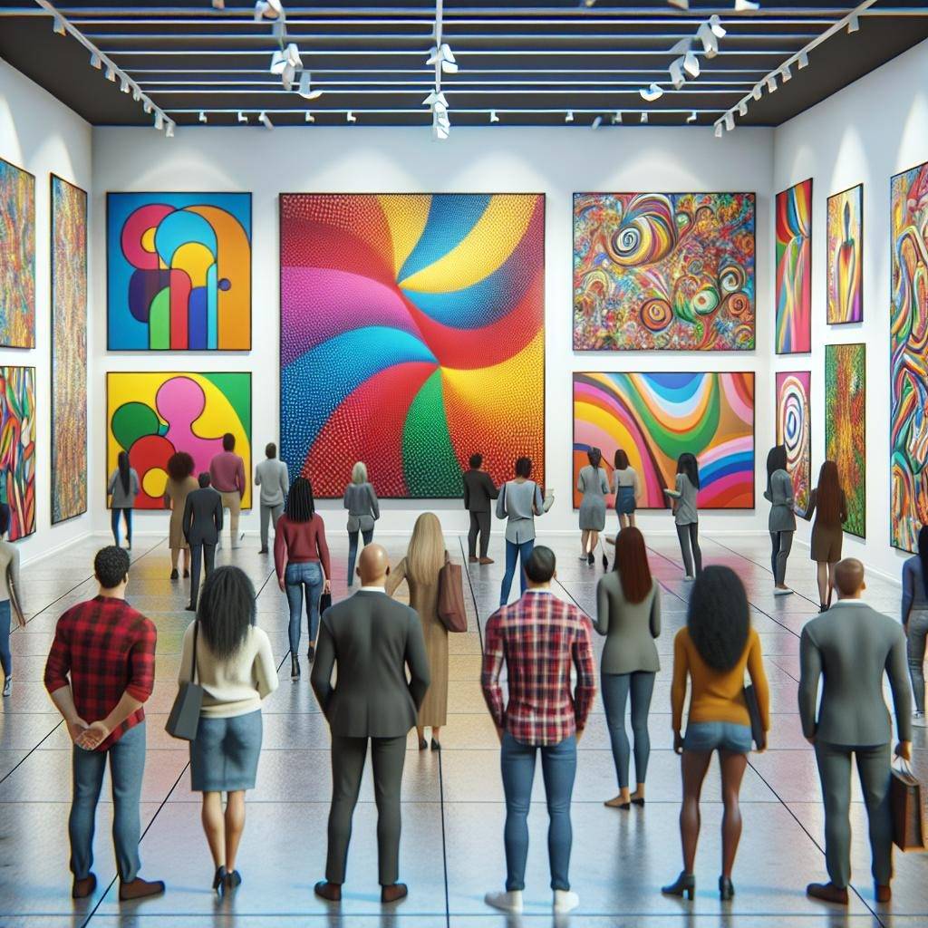 Colorful abstract paintings display.