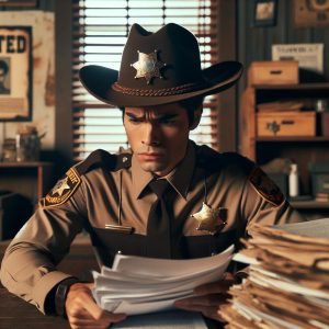 Frustrated sheriff reviewing paperwork.