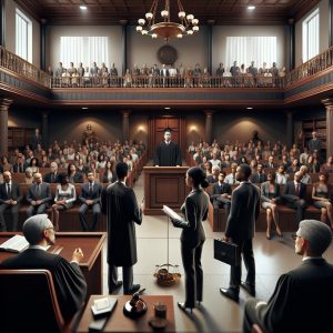 Courtroom justice illustration.