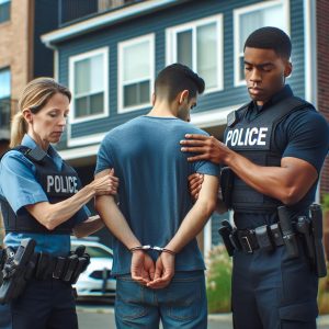 Police arresting suspect outdoors.