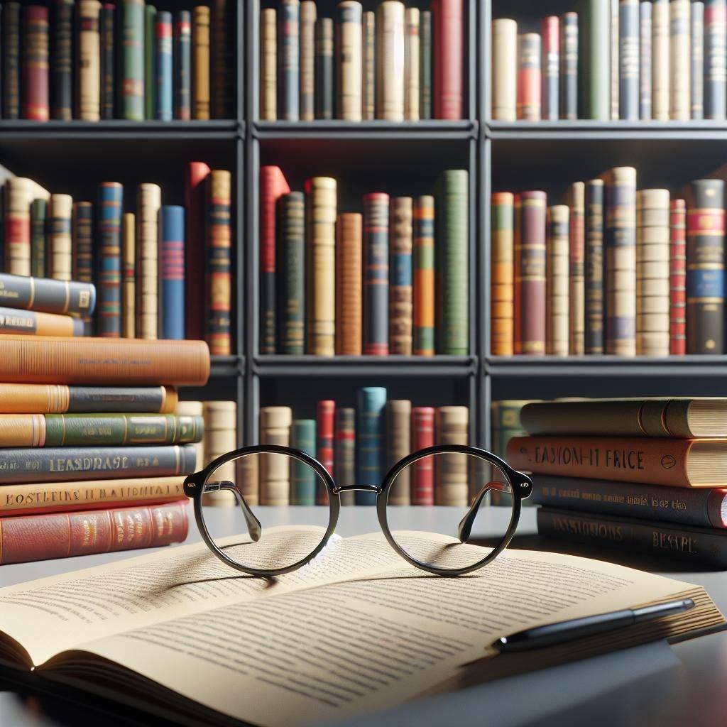 Reading glasses on bookshelf.