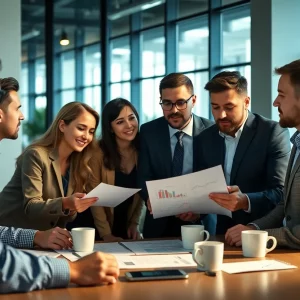 A team of marketers in a meeting discussing their strategies to combat fake marketing.