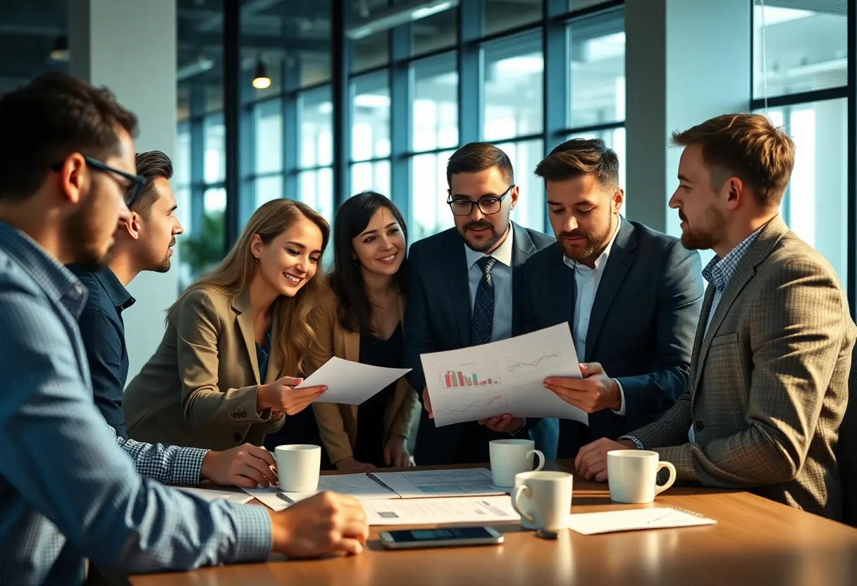 A team of marketers in a meeting discussing their strategies to combat fake marketing.