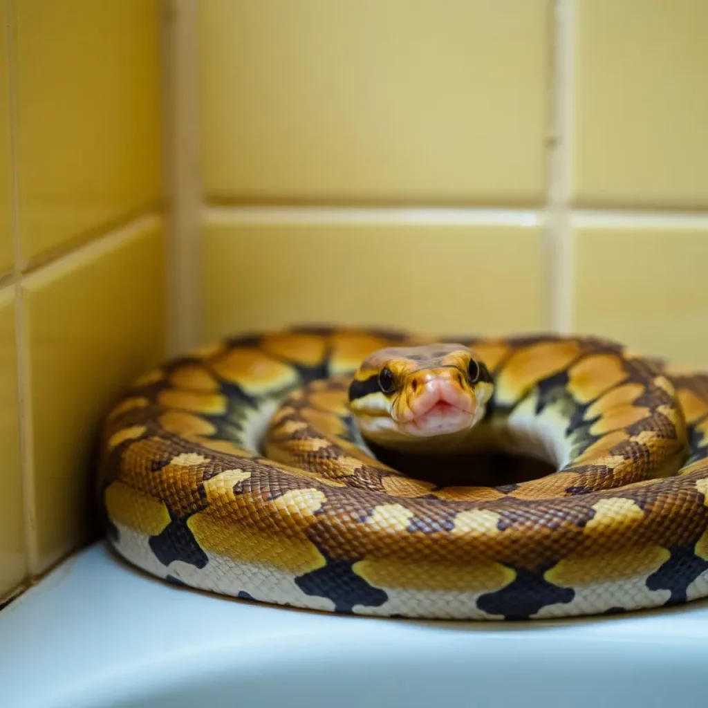 Python calmly resting in a bathroom corner.