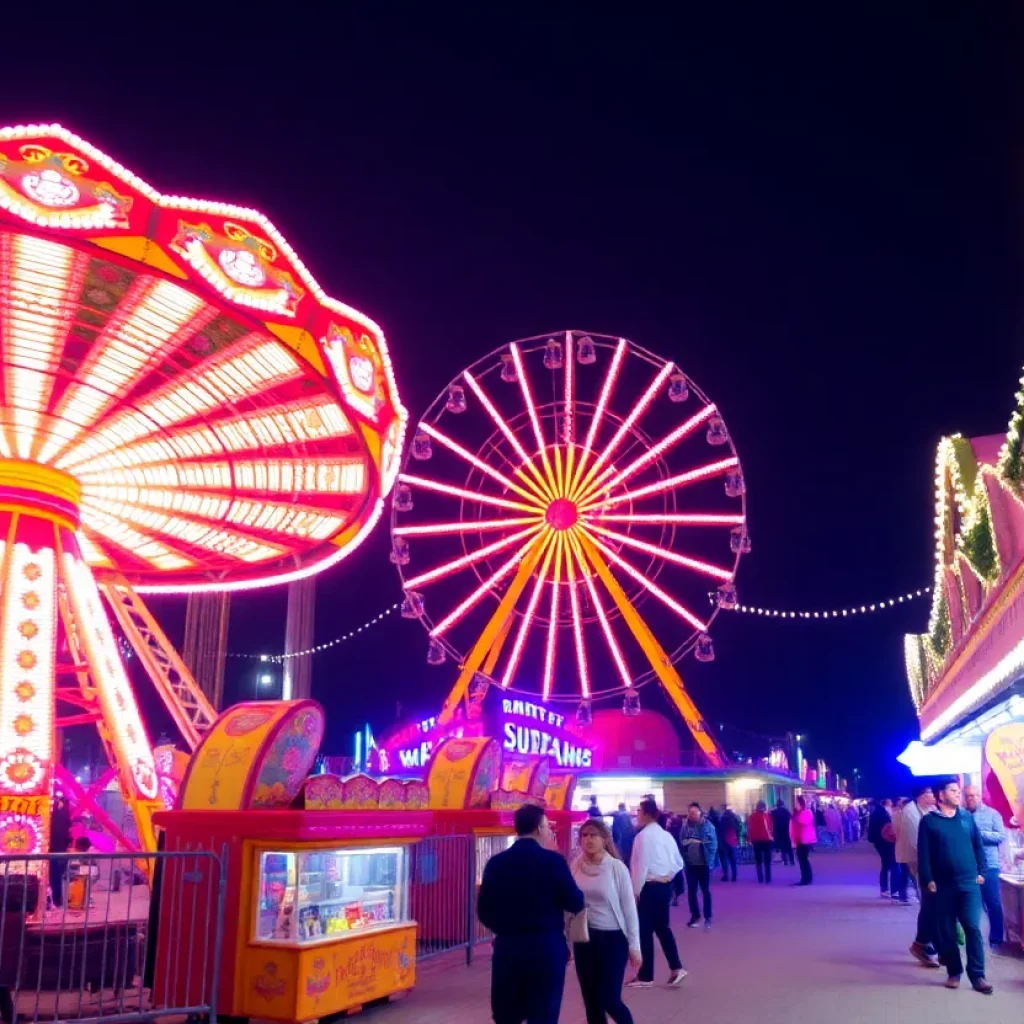 Vibrant carnival rides with festive lights and food stalls.