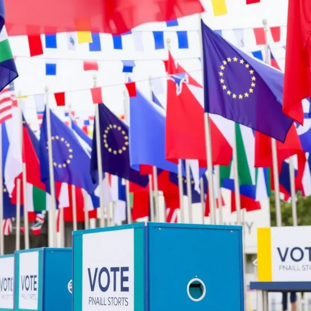 Celebration of democracy with vibrant flags and voting booths.