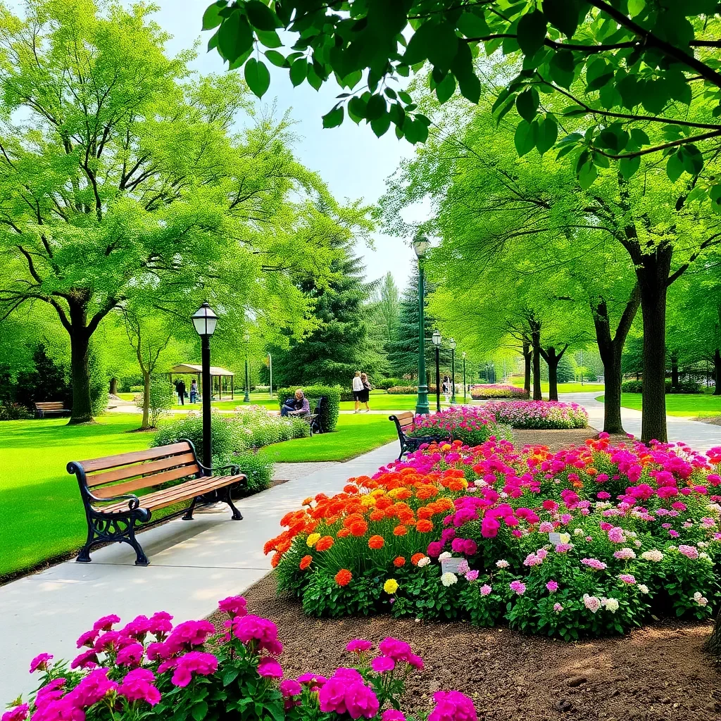 Lush community park with blooming flowers and peaceful benches.