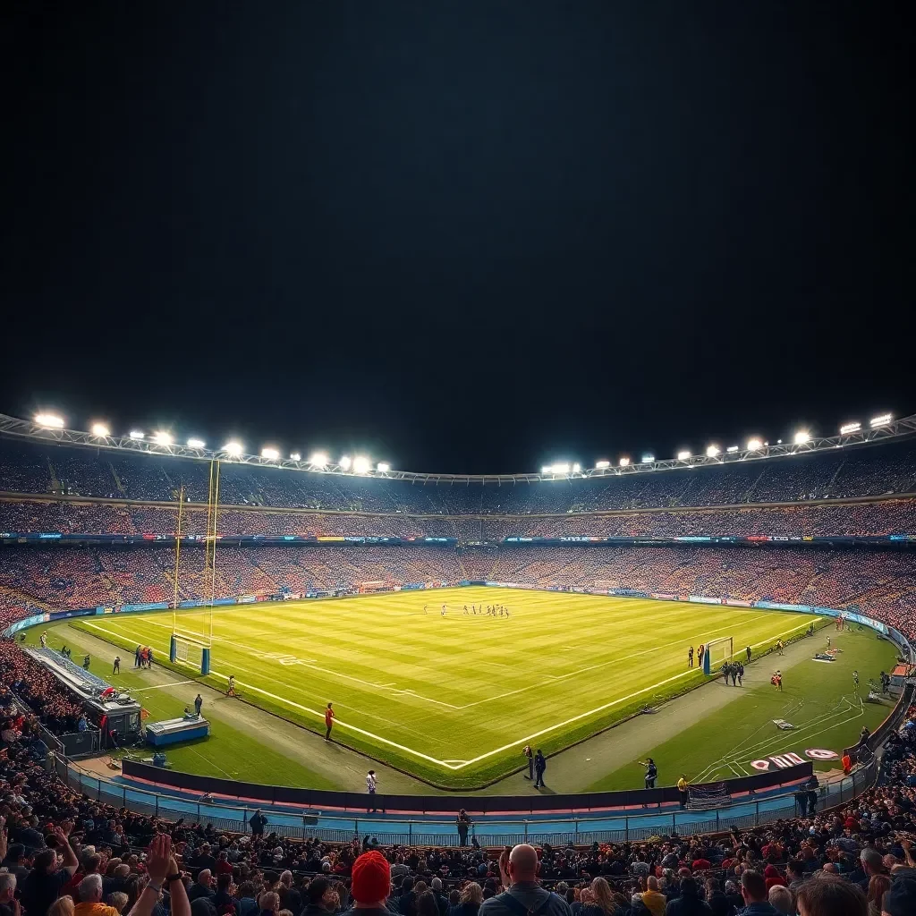 Exciting football stadium under bright lights at night.