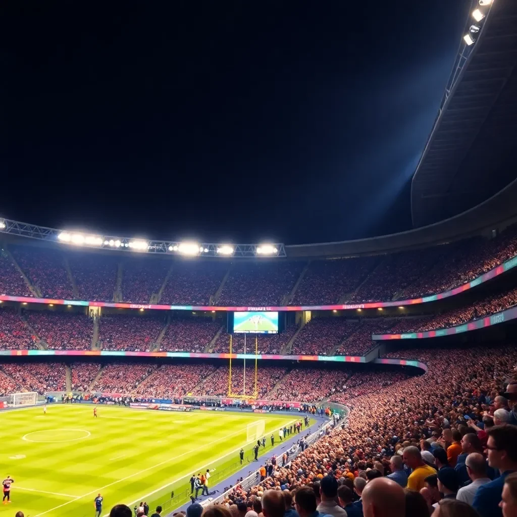 Exciting football stadium under bright lights and cheering fans.