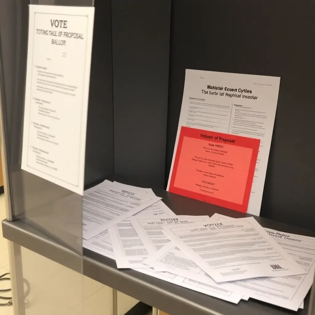 Voting booth with ballots and tax proposal documents.