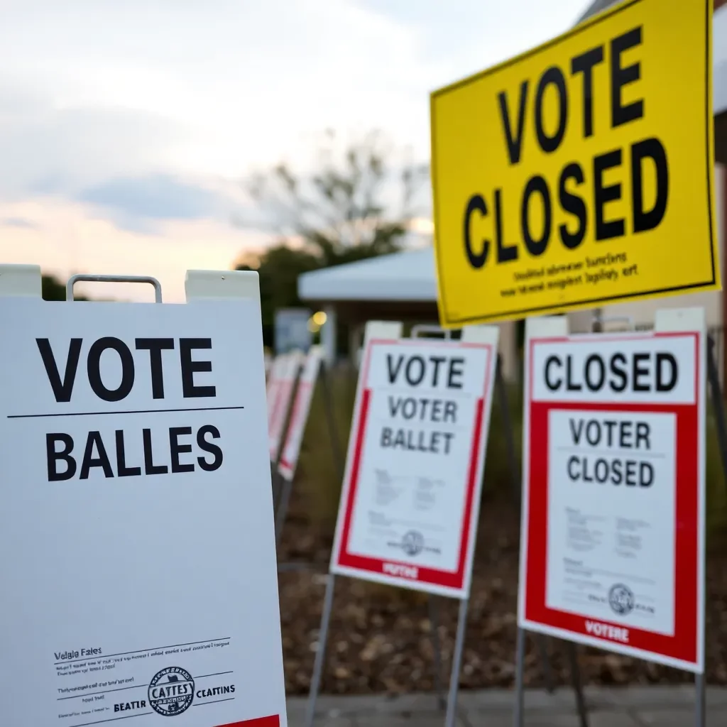 Voter ballots and closed polling station signs at dusk.