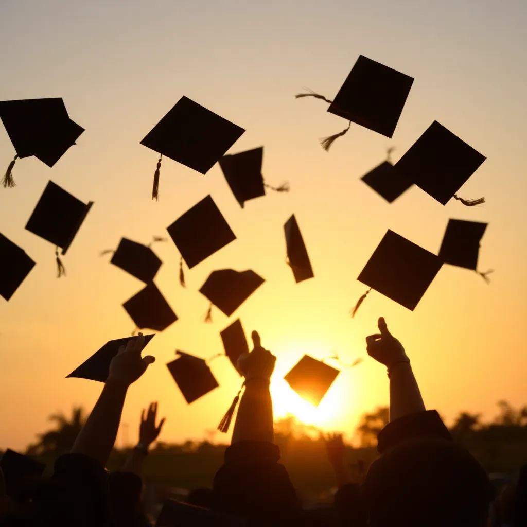 Graduation caps tossed in celebration against a sunset backdrop.