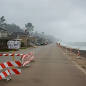 Evacuated coastal community with barricades and closed signs.