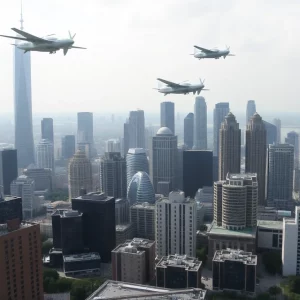 Urban skyline with futuristic flying vehicles above.