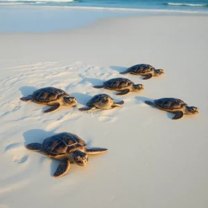 Loggerhead sea turtles nesting on a pristine beach.