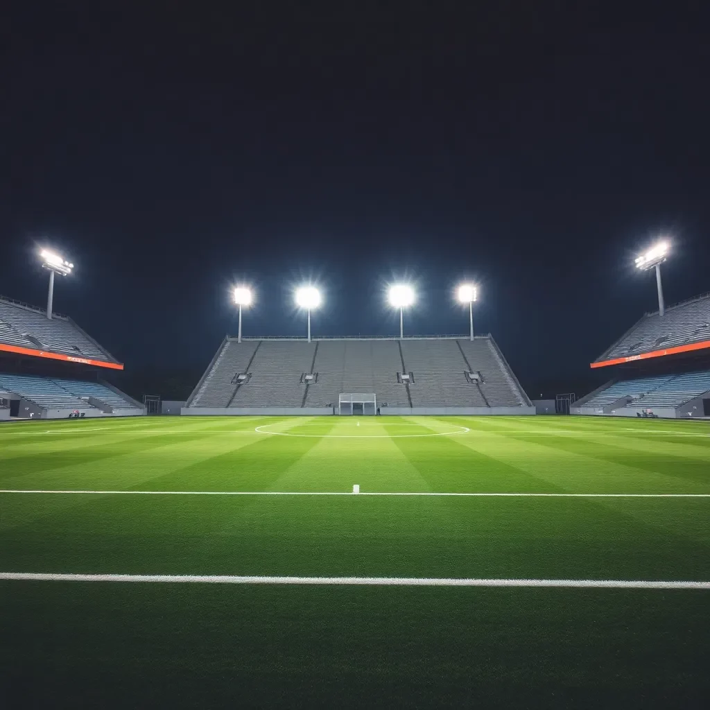 Empty sports field under bright stadium lights at night.