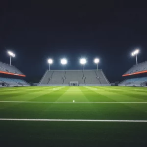 Empty sports field under bright stadium lights at night.