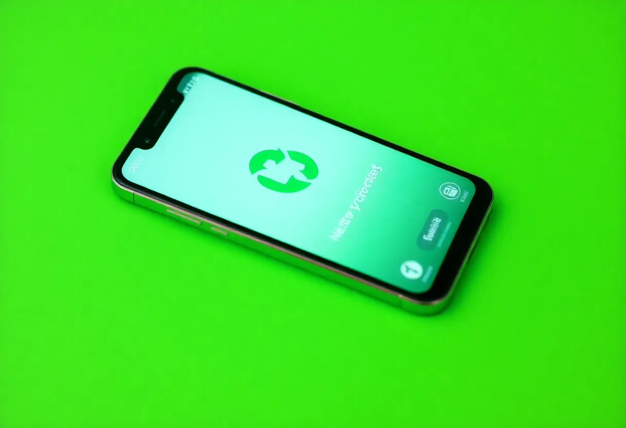 Smartphone displaying recycling app on a green background.