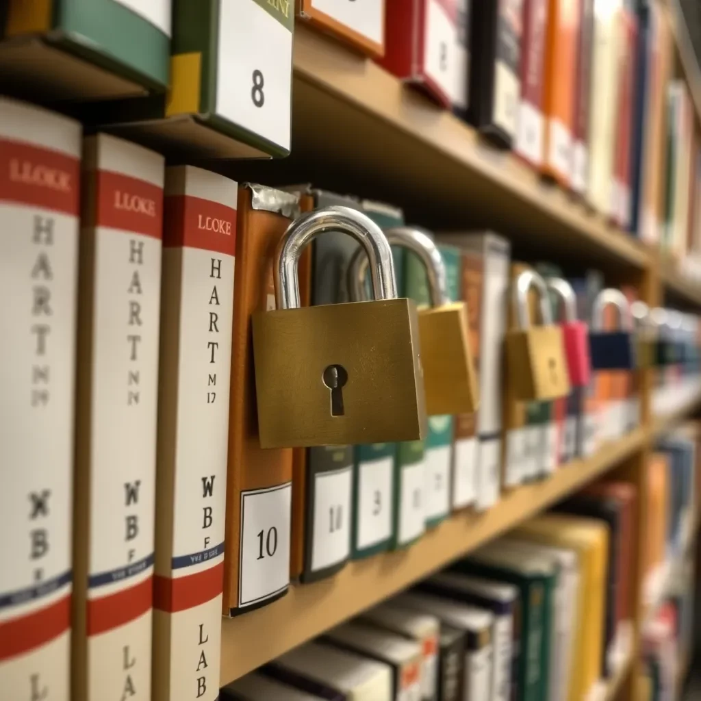 Books with locked locks on a library shelf.