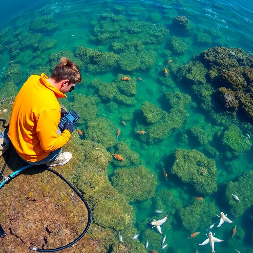 Vibrant coastal ecosystem with research equipment and marine life.