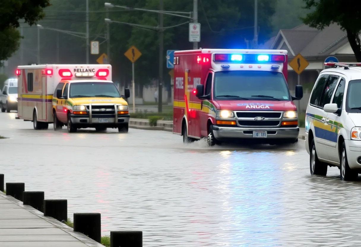 Flooded streets with emergency vehicles and rising water levels.