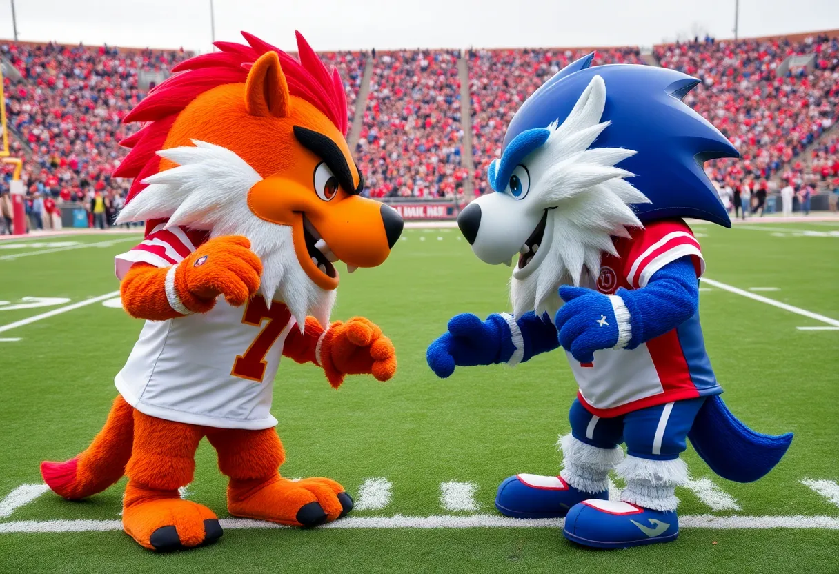 Rival college mascots facing off on a football field.