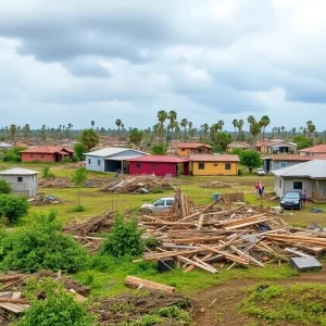 Storm-damaged landscape with resilient community rebuilding efforts.