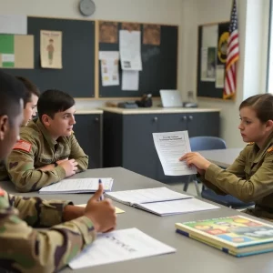 Military education materials with interactive classroom setting.