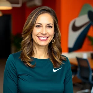 Ann Miller, Nike's new sports marketing executive, confidently smiling in her office.