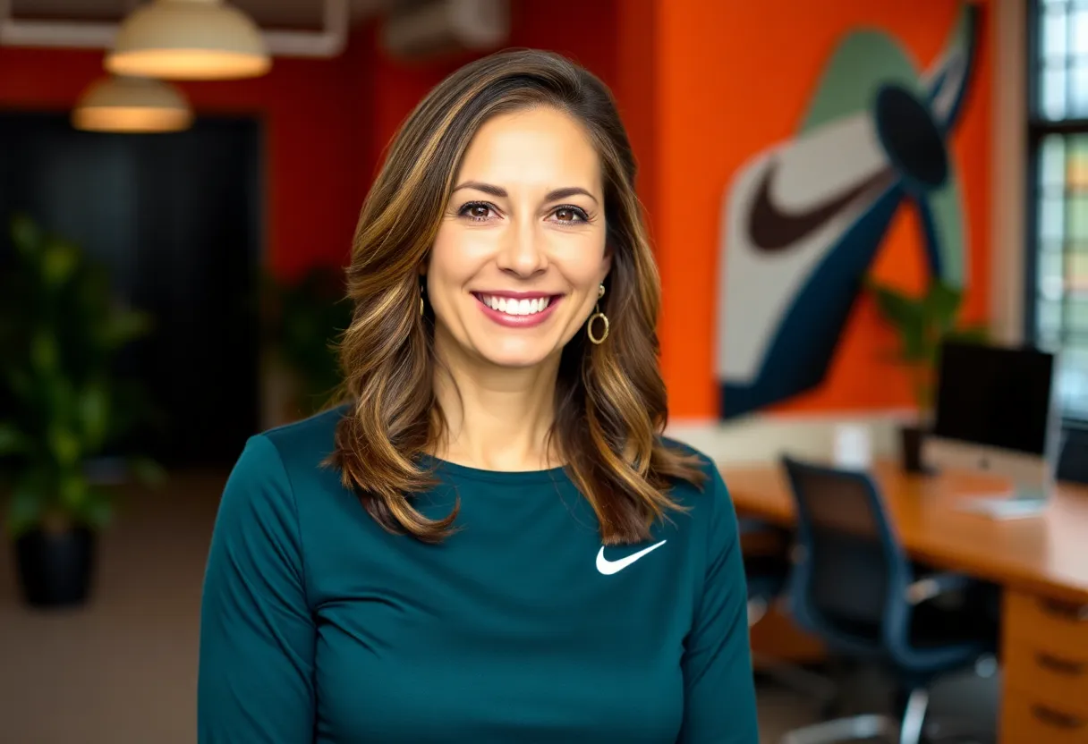 Ann Miller, Nike's new sports marketing executive, confidently smiling in her office.