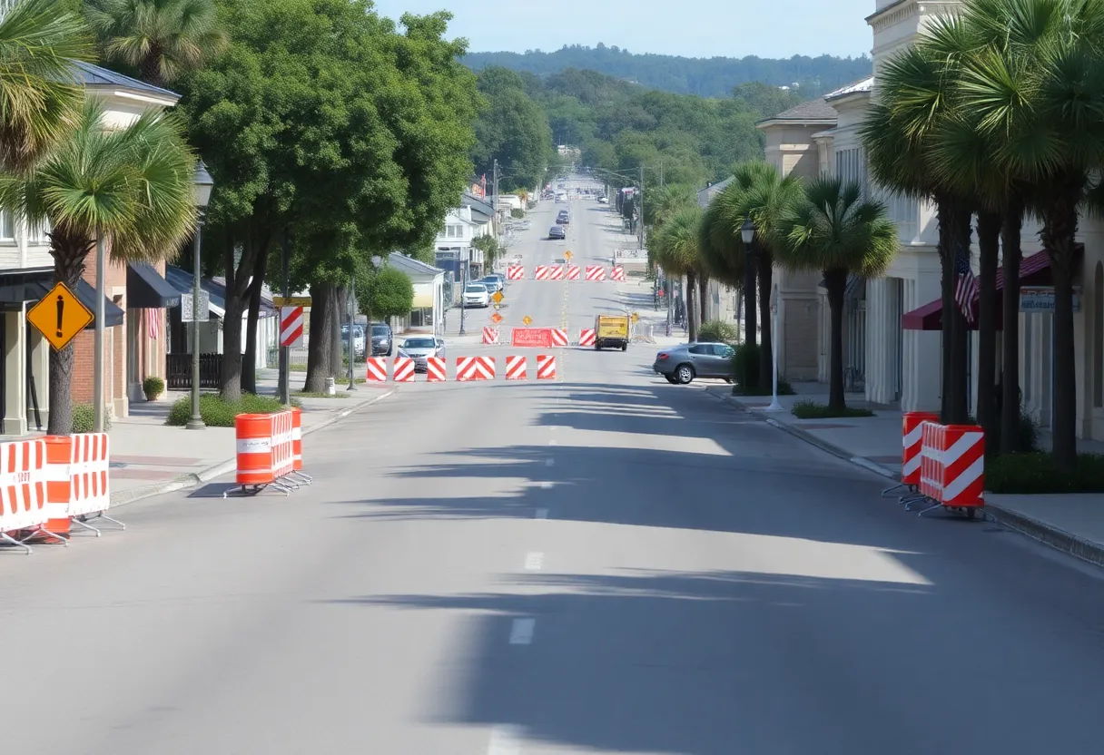 Downtown Beaufort construction site with barriers