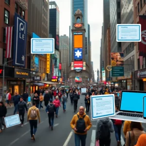 Vibrant NYC skyline with digital marketing symbols