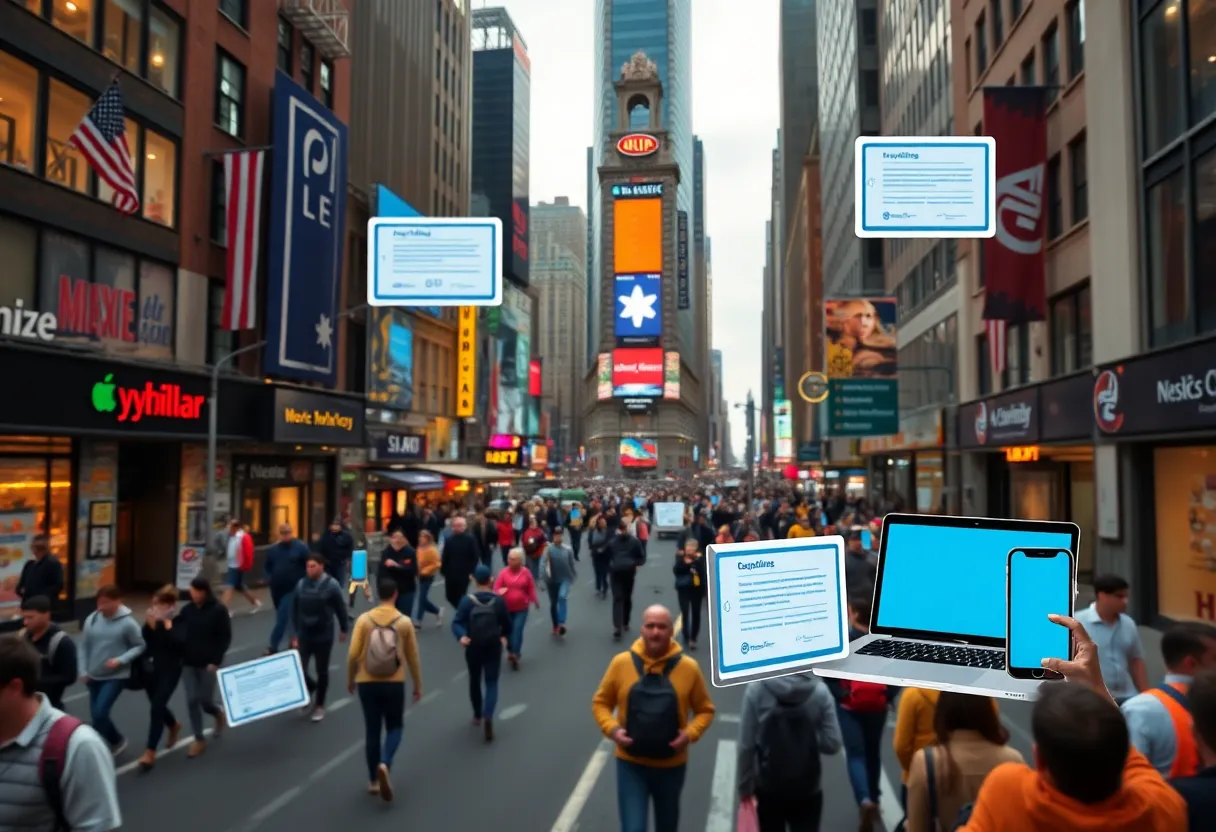 Vibrant NYC skyline with digital marketing symbols